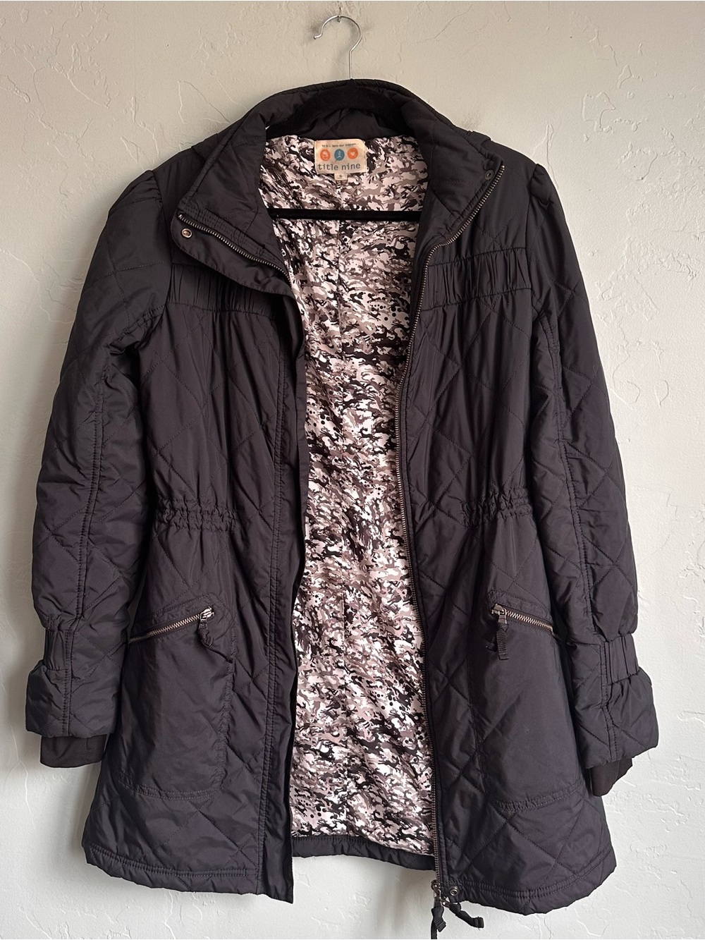 Title Nine Black Quilted Coat with Printed Inner Lining